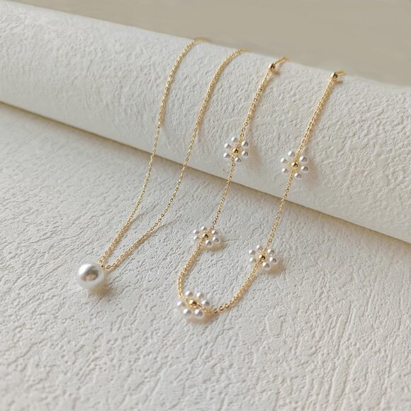Gold Pearl Necklaces Set 14K Gold Plated Dainty Layered Pearl Trendy Jewelry - Picture 5 of 7